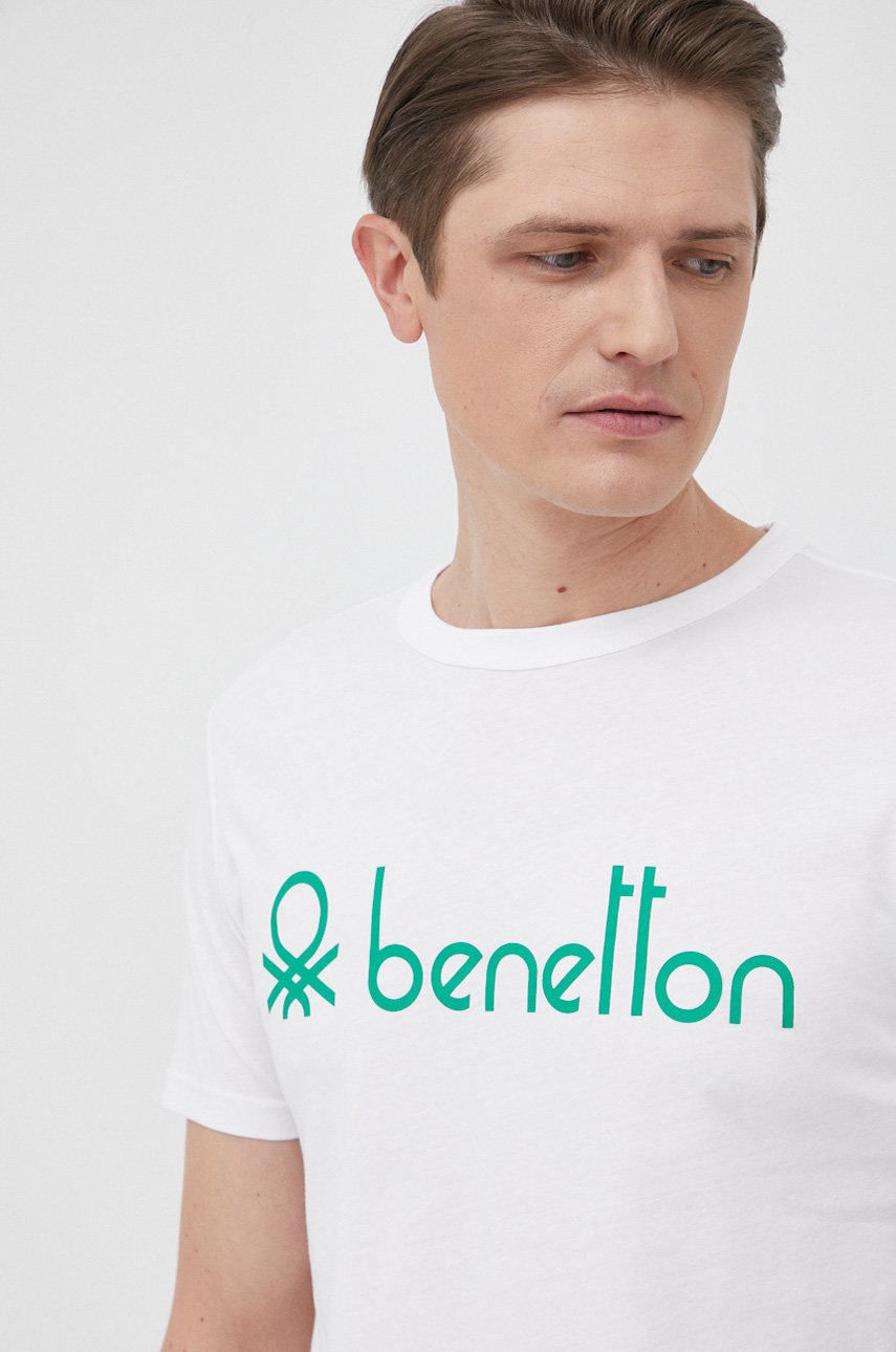 

Памучна тениска United Colors of Benetton в бяло с принт, Бял