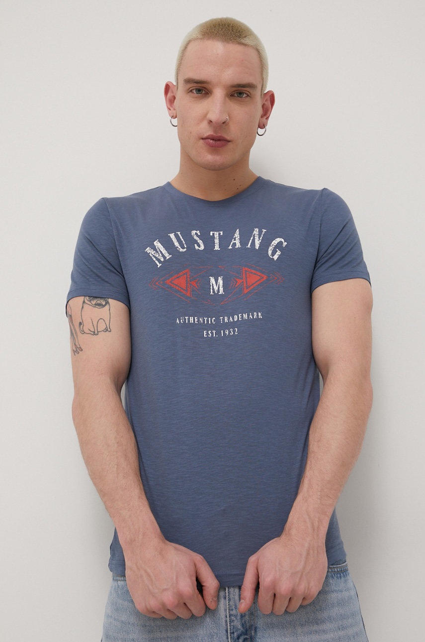 

Памучна тениска Mustang с принт, Син