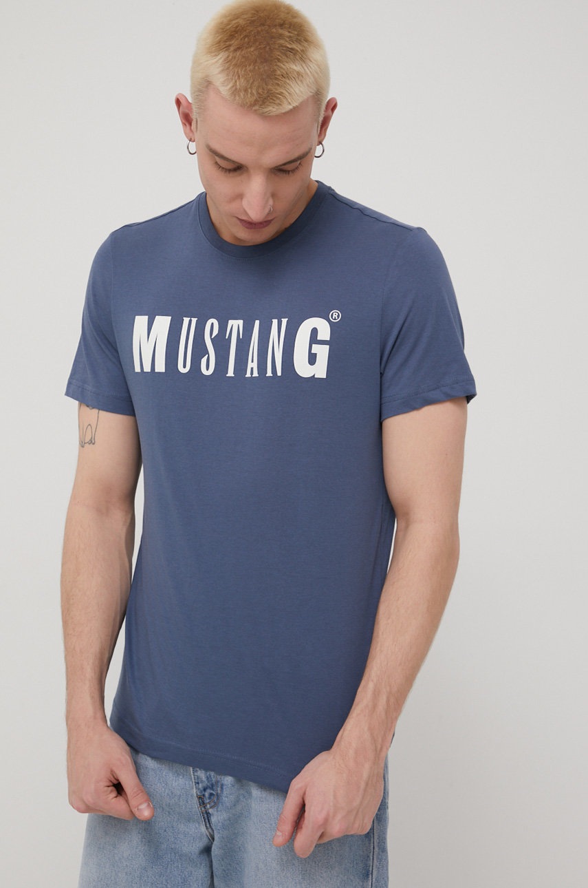 

Памучна тениска Mustang с принт, Син