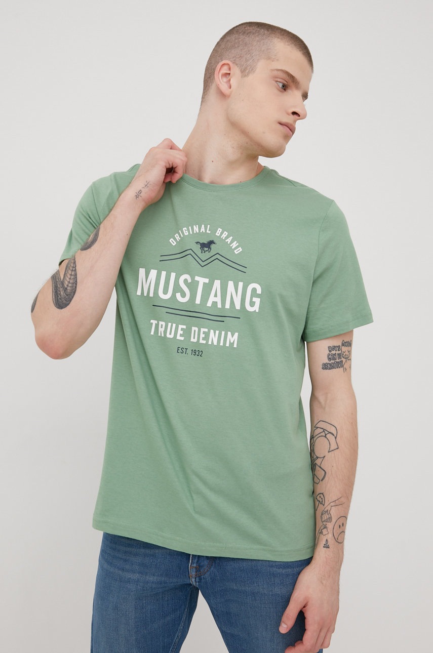 

Памучна тениска Mustang в зелено с принт, Зелен