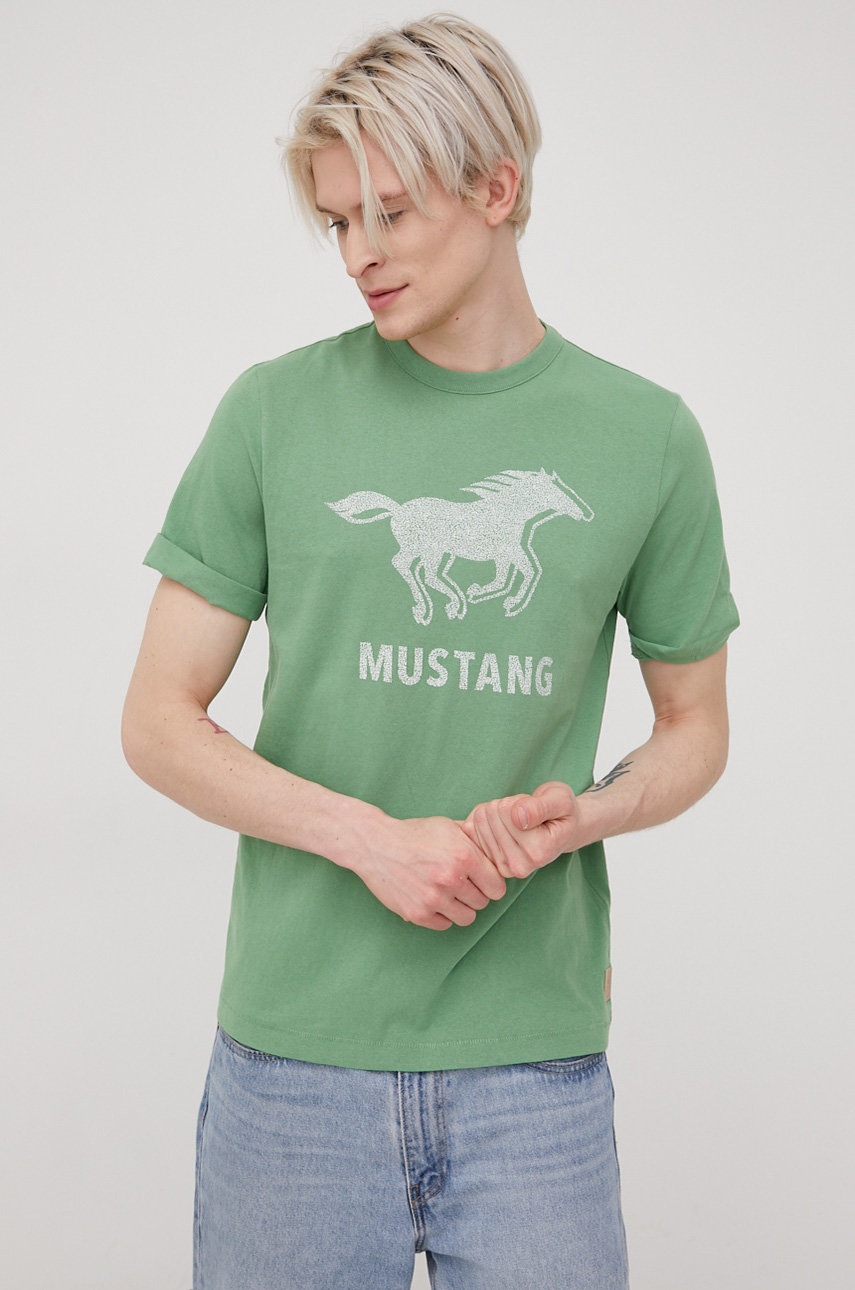 

Памучна тениска Mustang в зелено с принт, Зелен