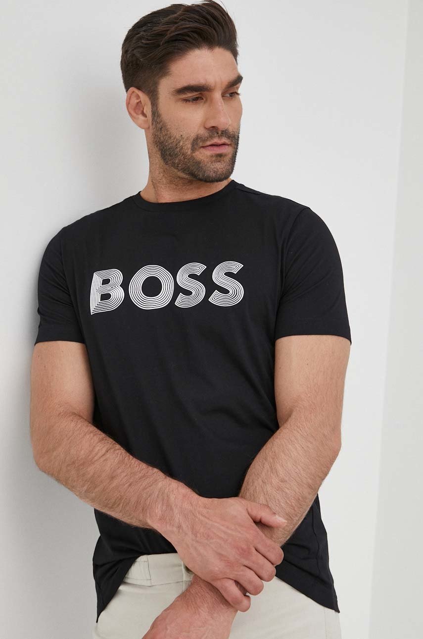 

Памучна тениска BOSS Boss Athleisure в черно с принт, Черен