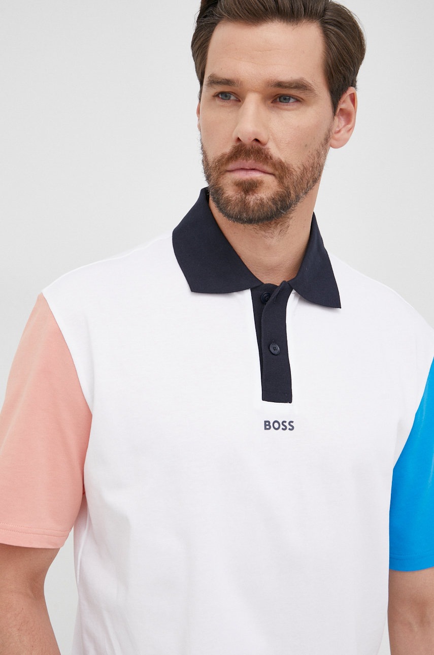 

Памучна тениска с яка Boss Boss Casual в меланж на бяло, Бял