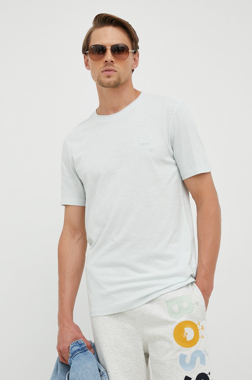 

Памучна тениска BOSS Boss Casual в сиво с апликация, Тюркоазен