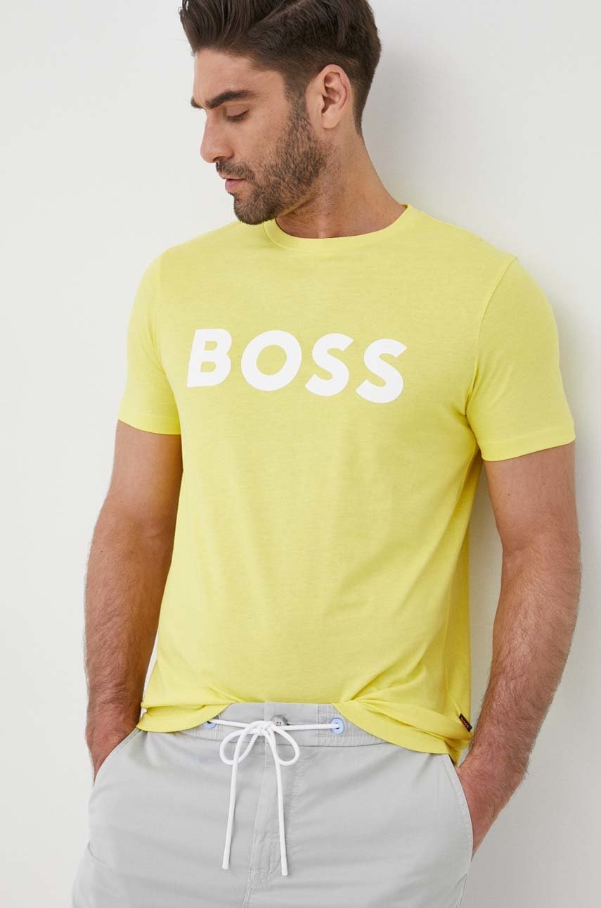 

Памучна тениска BOSS Boss Casual в жълто с принт, Жълт