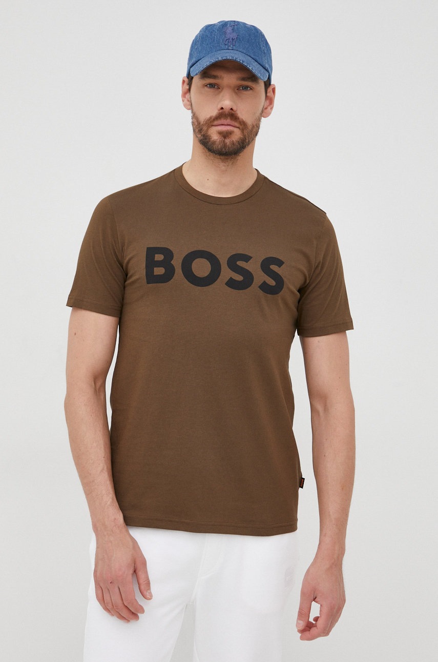 

Памучна тениска BOSS Boss Casual в зелено с принт, Зелен