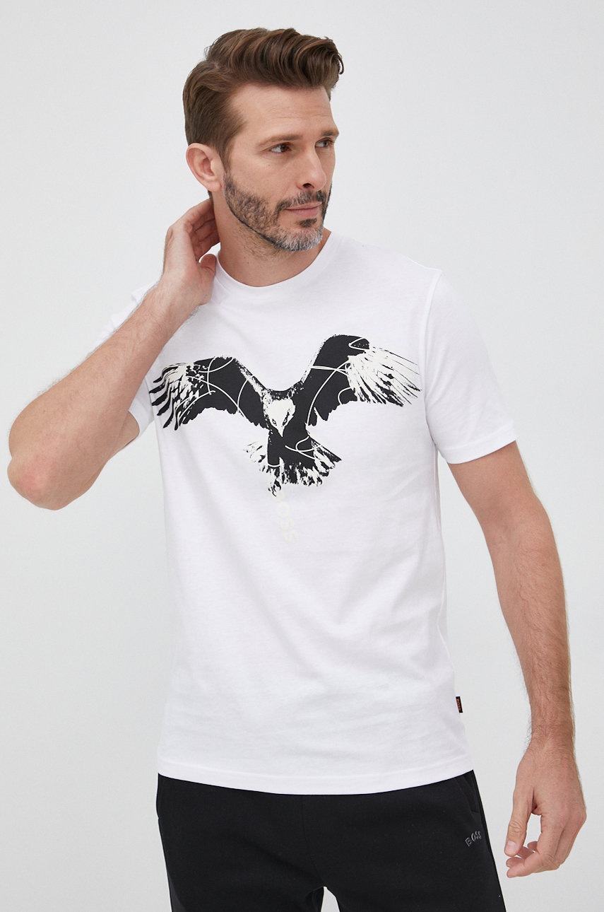 

Памучна тениска BOSS Boss Casual в бяло с принт, Бял