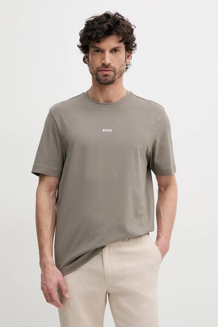 BOSS tricou BOSS ORANGE barbati, culoarea bej, cu imprimeu, 50473278 BOSS tricou BOSS ORANGE barbati, culoarea bej, cu imprimeu, 50473278