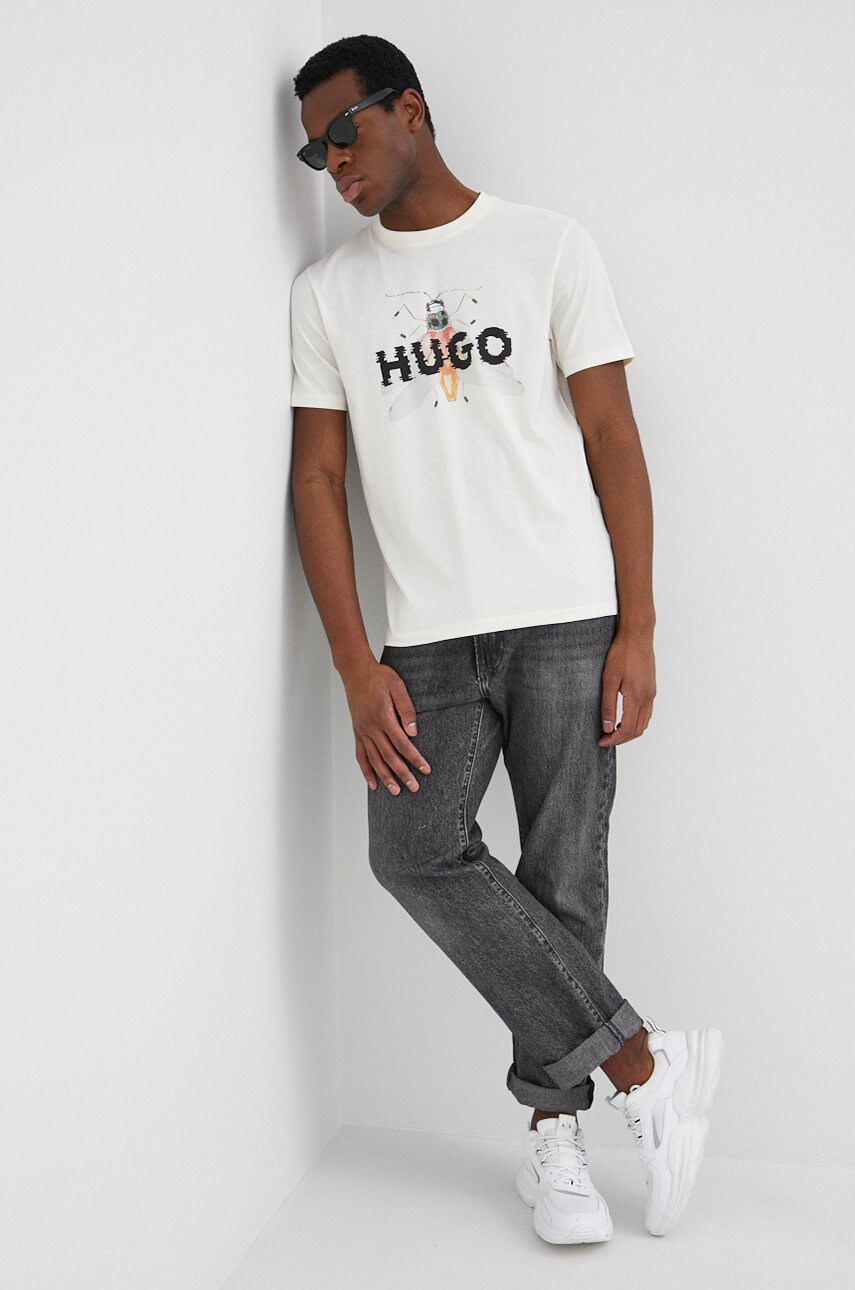 Hugo tricou din bumbac culoarea bej, cu imprimeu