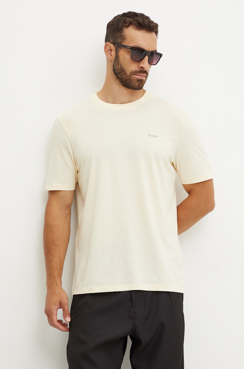 HUGO tricou din bumbac barbati, culoarea bej, neted, 50466158