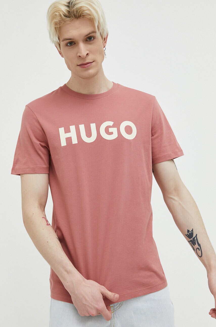 

Памучна тениска HUGO в черно с принт, Розов