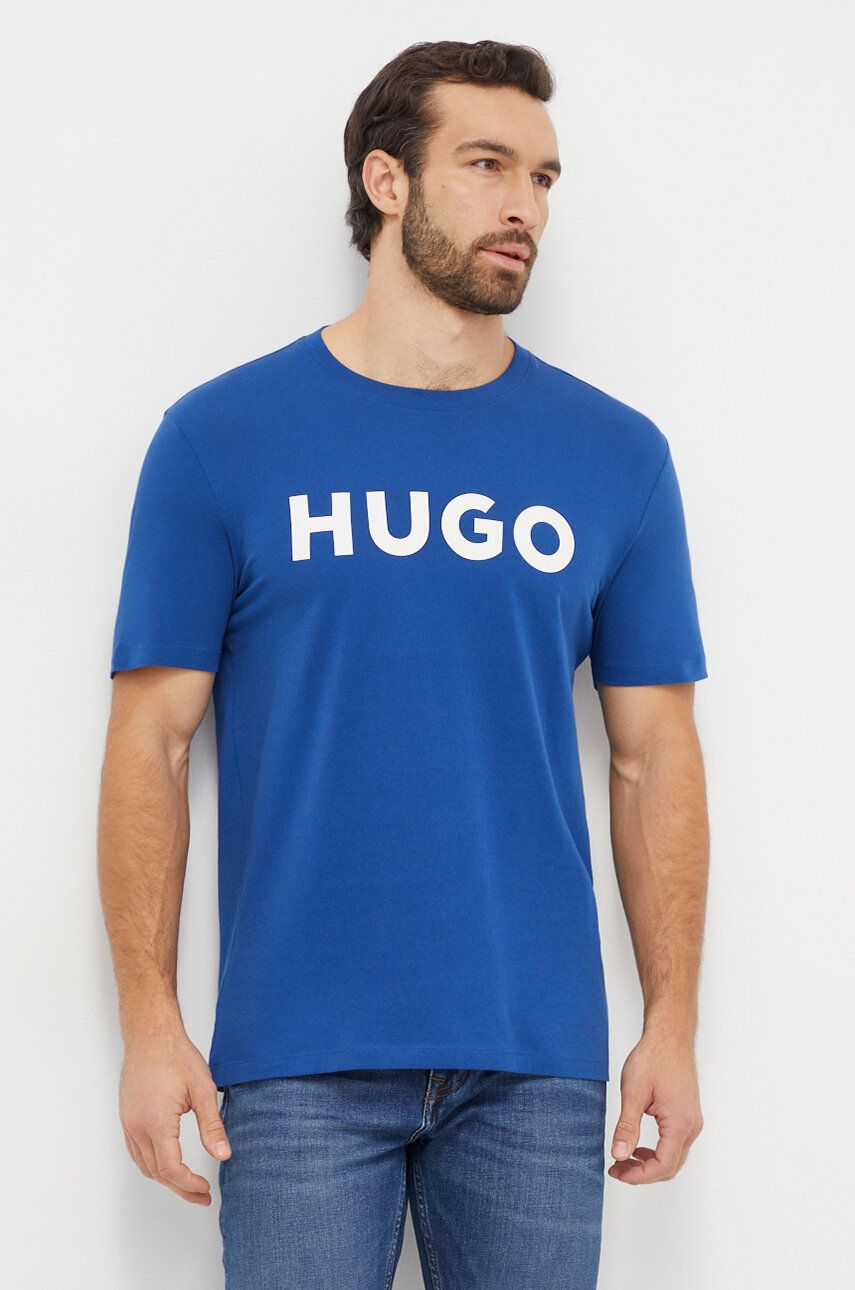Bavlněné tričko HUGO tyrkysová barva, s potiskem, 50467556