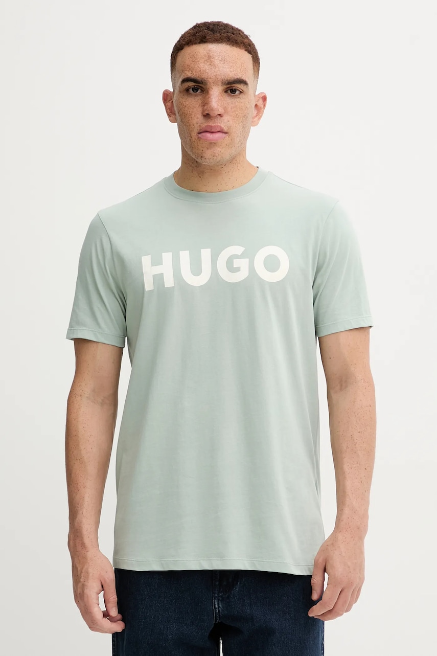 Levně Bavlněné tričko HUGO pánské, zelená barva, s potiskem, 50467556