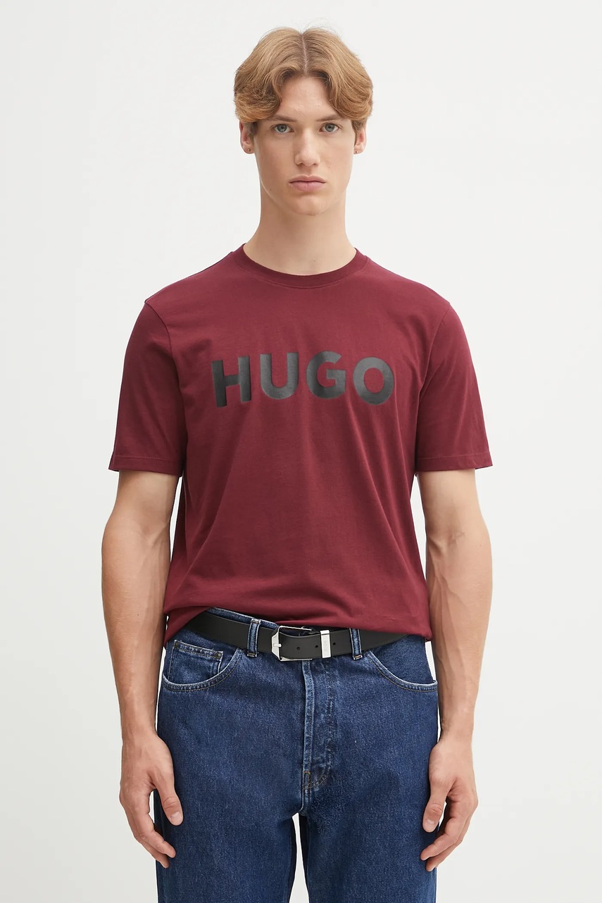 Levně Bavlněné tričko HUGO pánské, vínová barva, s potiskem, 50467556