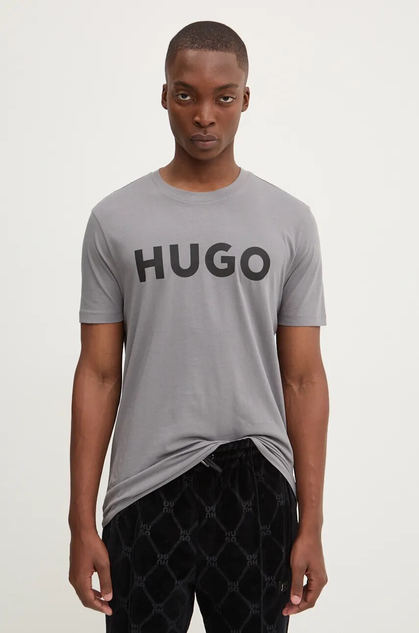 HUGO tricou din bumbac bărbați, culoarea gri, cu imprimeu, 50467556