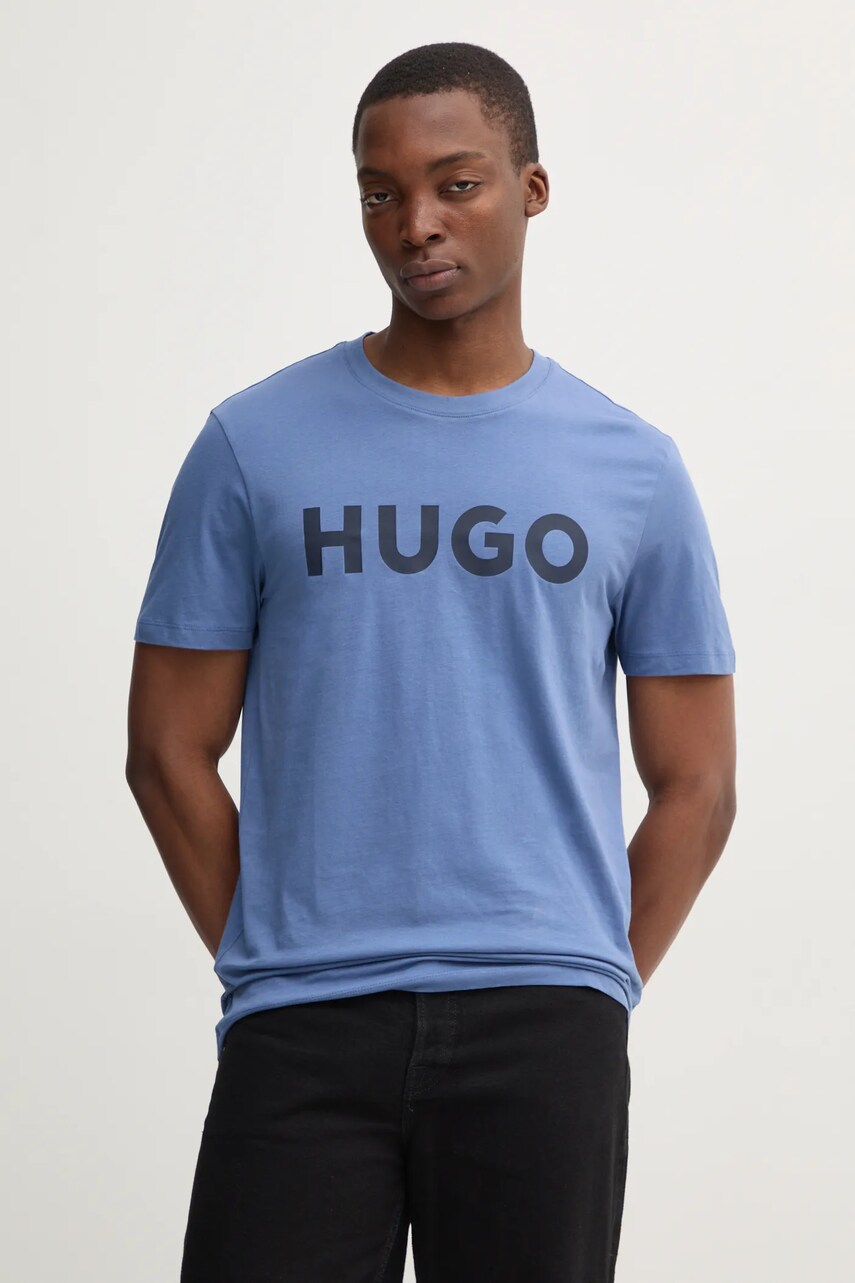 

Памучна тениска HUGO в черно с принт 50467556, Син