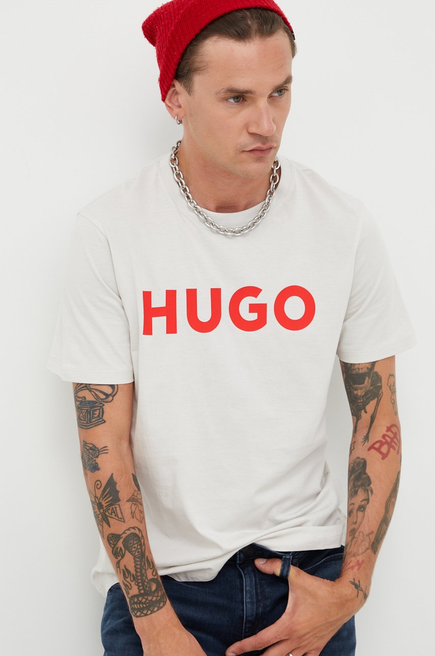 

Памучна тениска HUGO в бежово с принт, Бежов