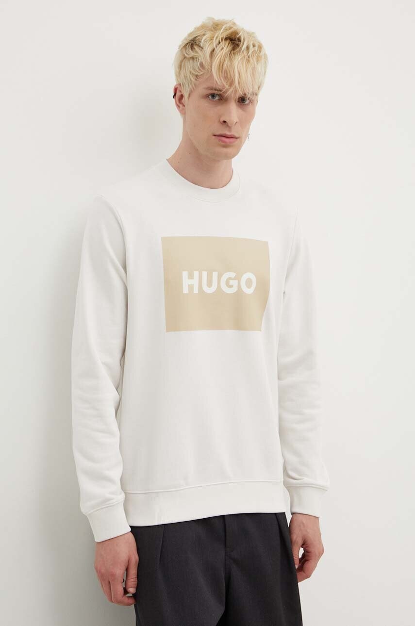 HUGO hanorac de bumbac barbati, culoarea bej, cu imprimeu