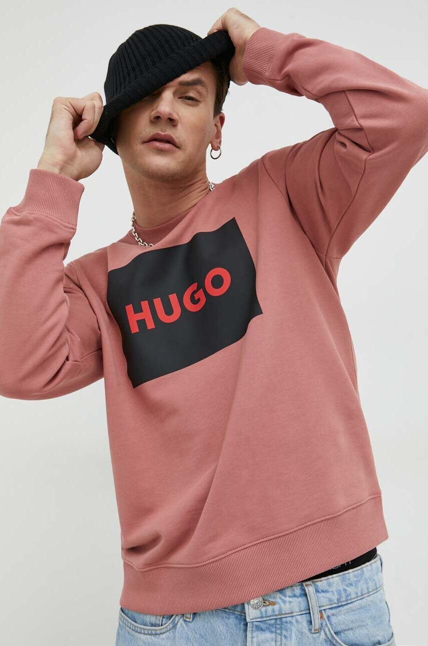 

Хлопковая кофта HUGO мужская цвет розовый с принтом