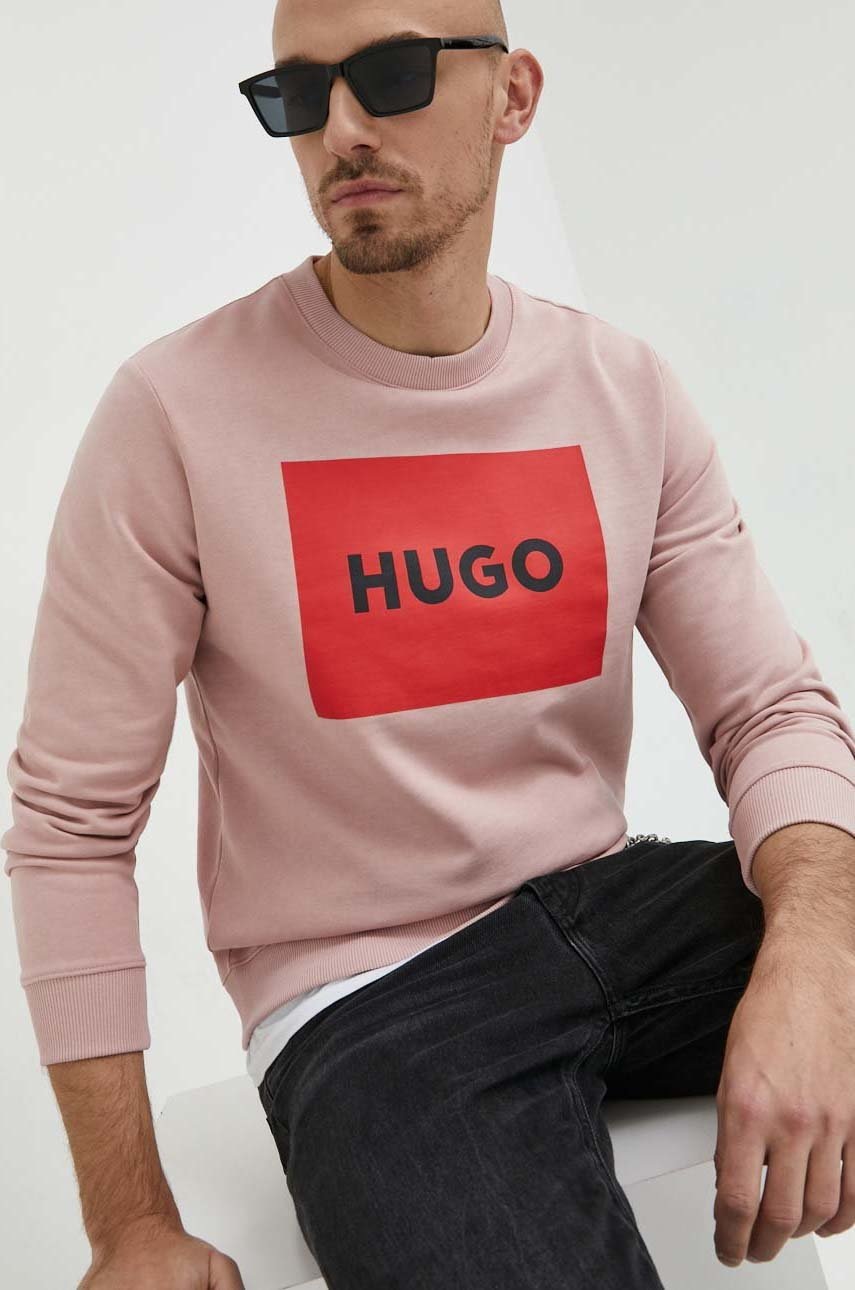 

Памучен суичър HUGO в розово с принт, Розов