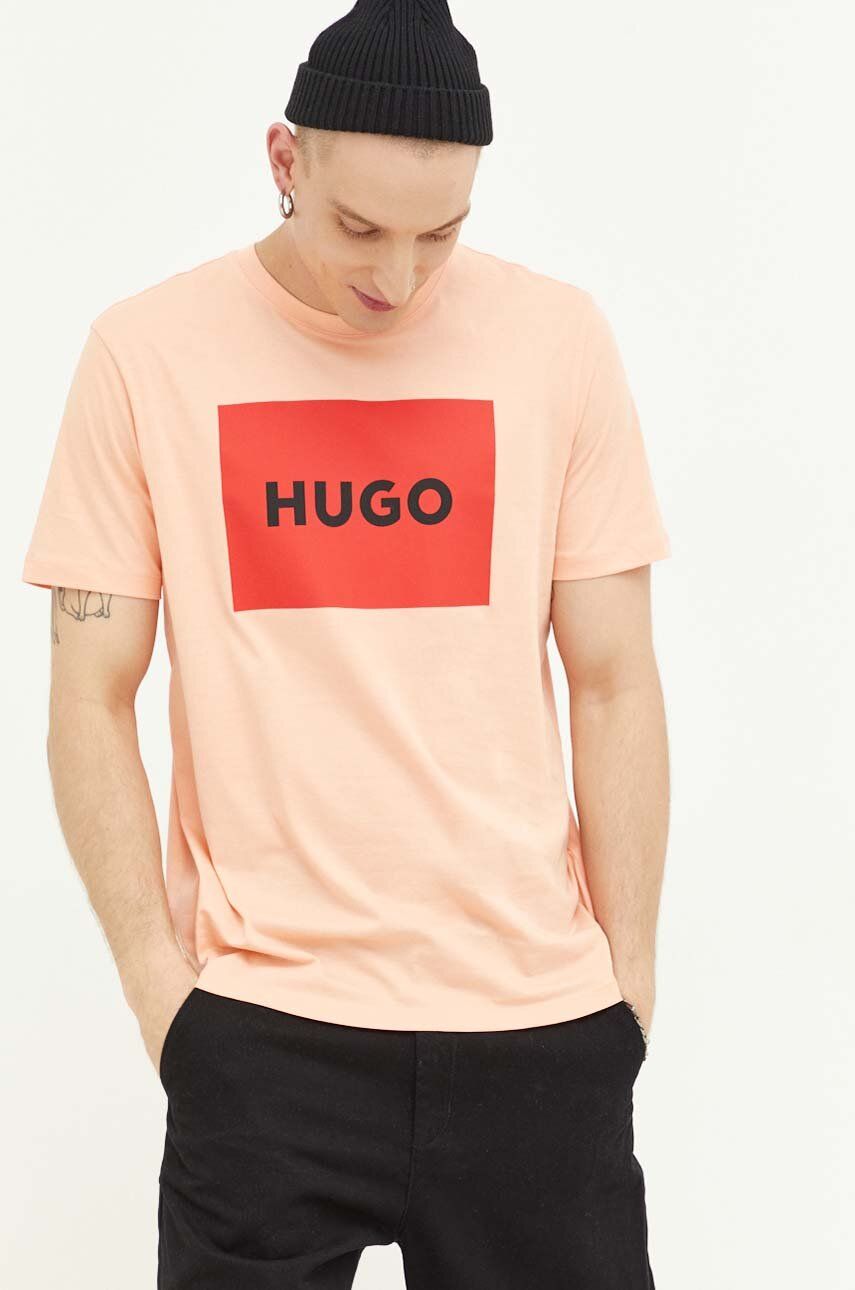 Bavlněné tričko HUGO růžová barva, s potiskem - oranžová