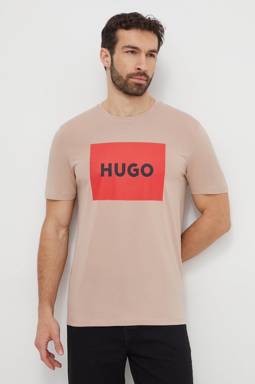 Levně Bavlněné tričko HUGO béžová barva, s potiskem, 50467952