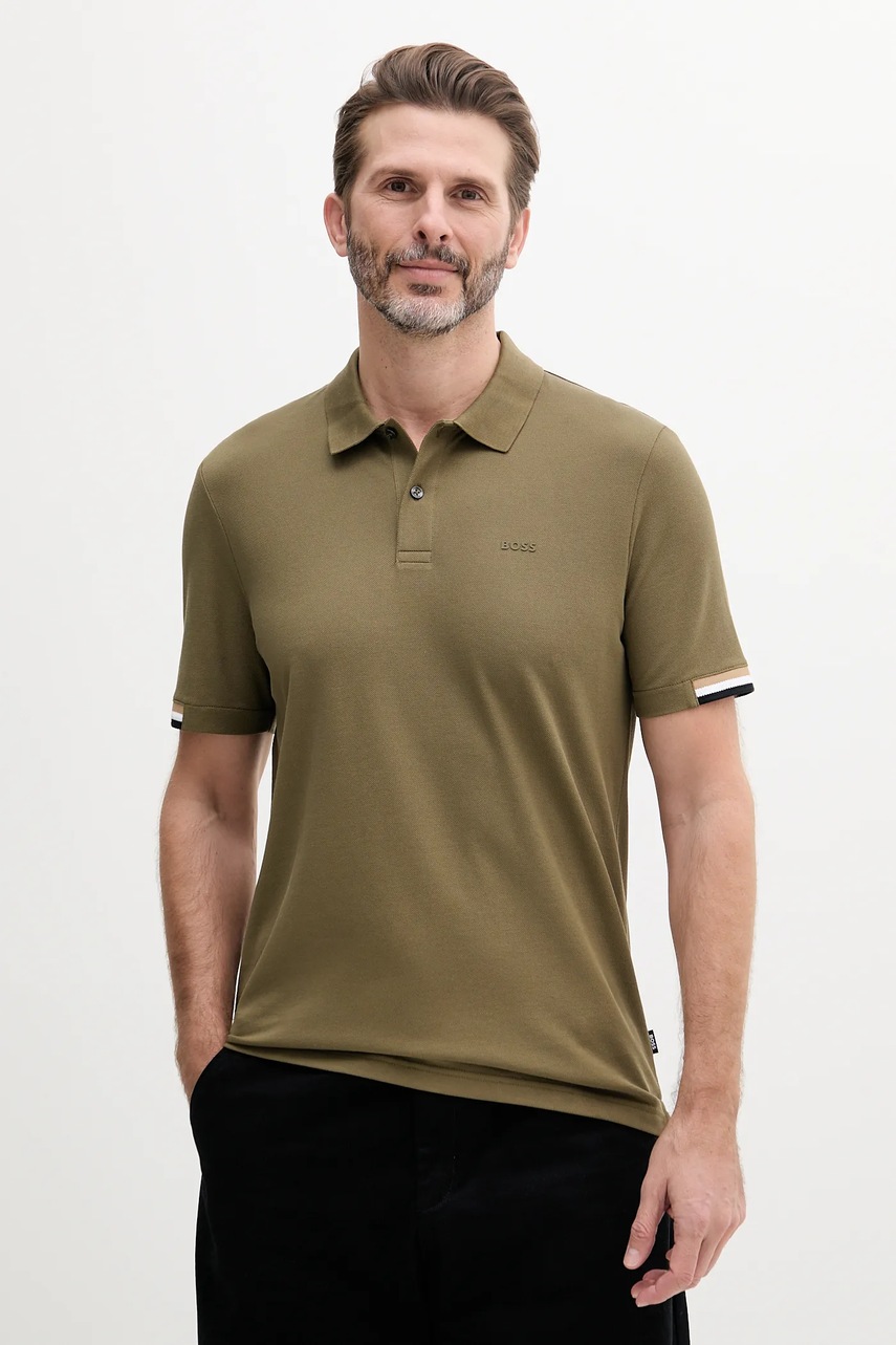BOSS polo de bumbac culoarea verde, neted