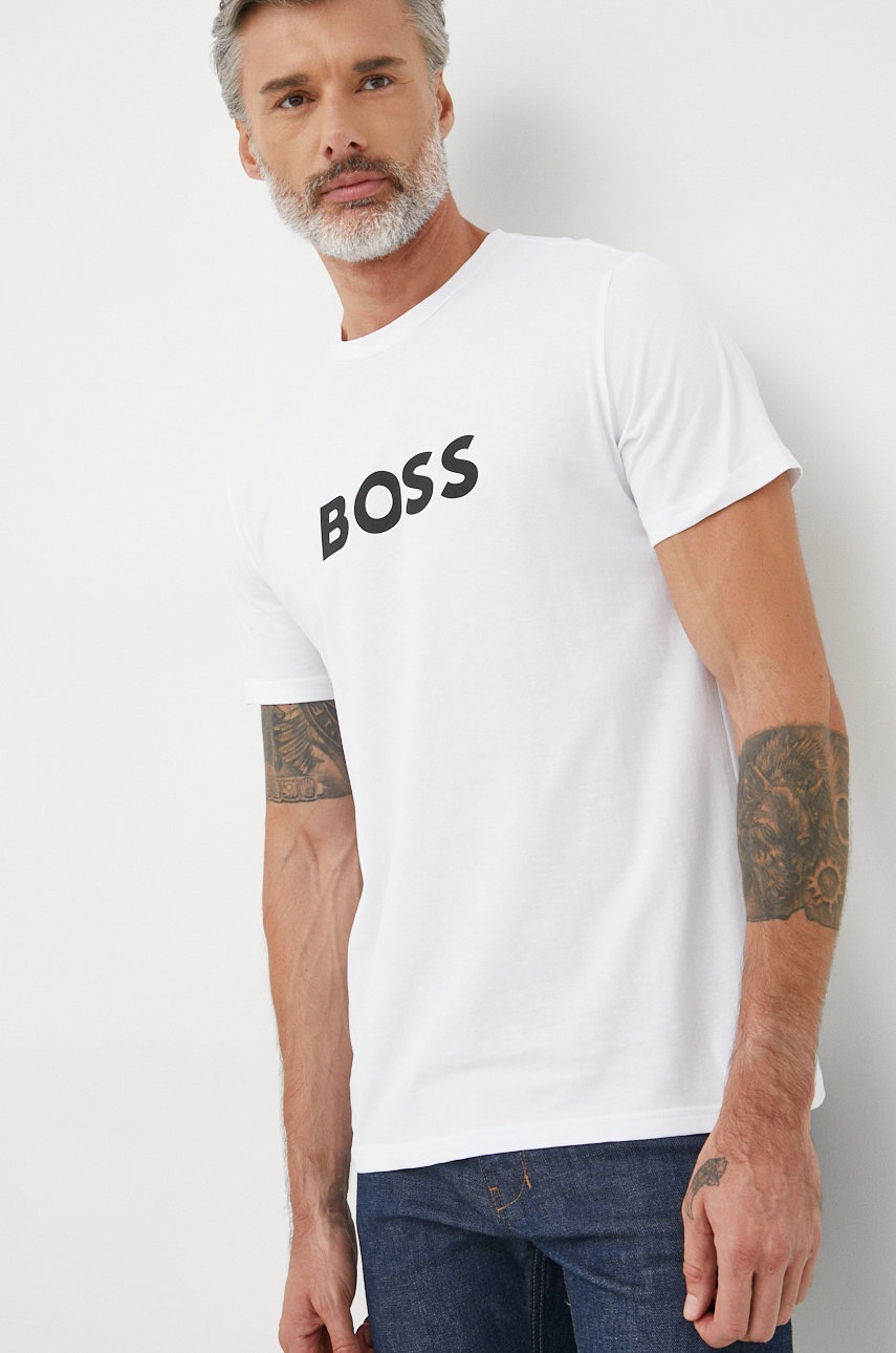 

Памучна тениска BOSS в бяло с принт, Бял