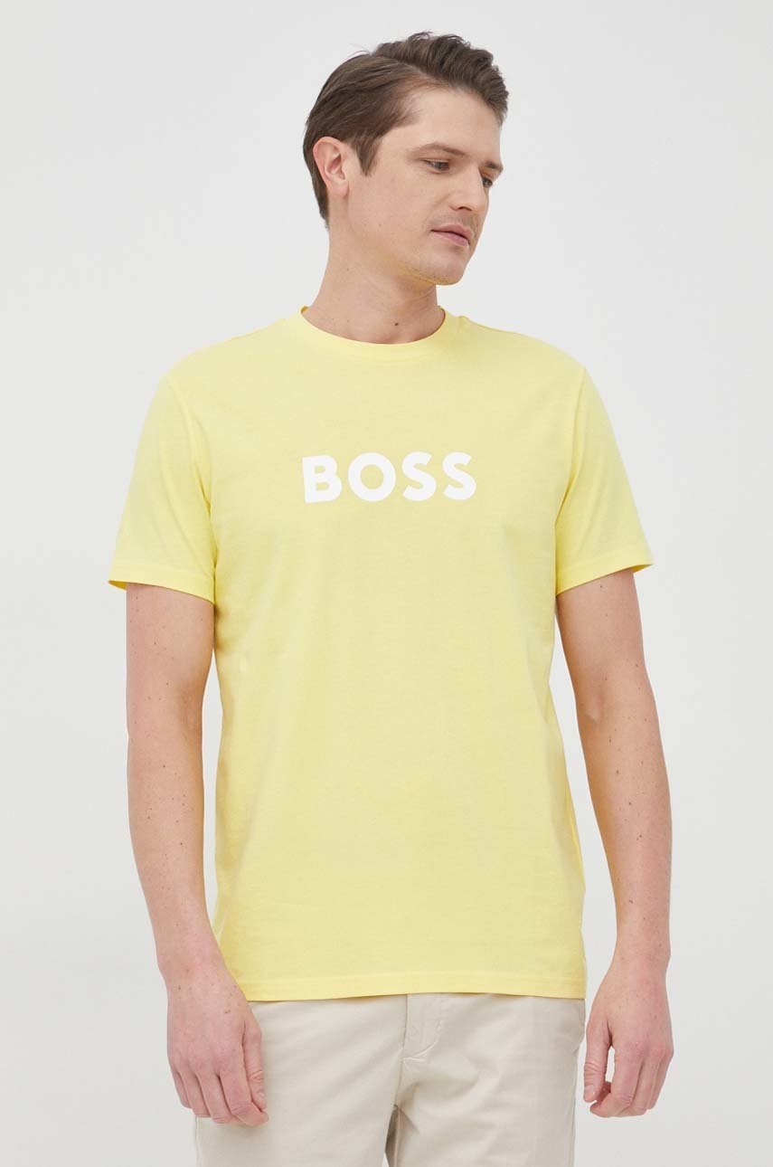 

Бавовняна футболка BOSS колір жовтий з принтом