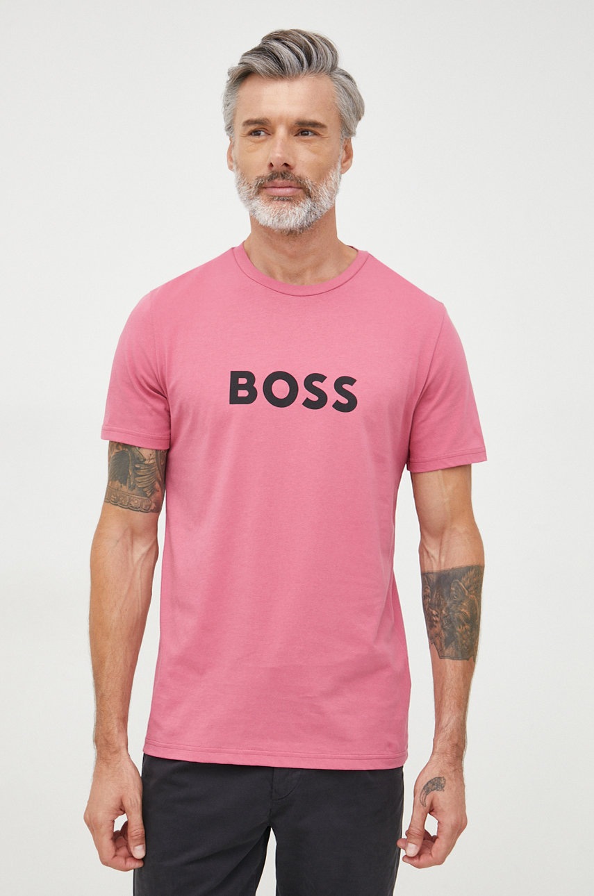 

Памучна тениска BOSS с принт, Розов