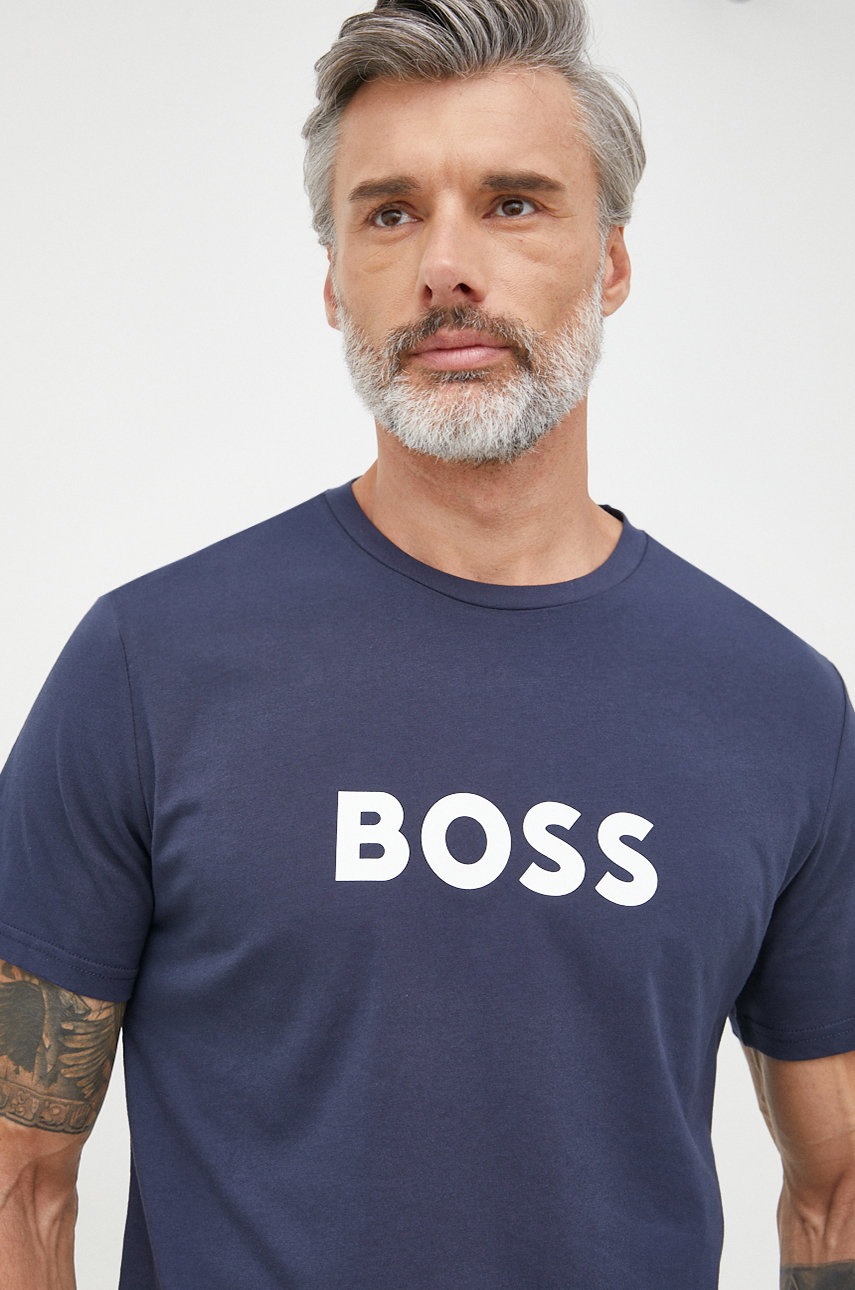 

Памучна тениска BOSS в тъмносиньо с принт, Тъмносин