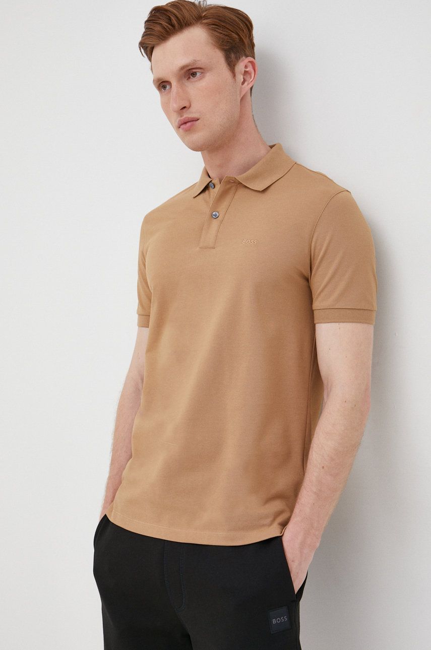 Levně Bavlněné polo tričko BOSS béžová barva, s aplikací