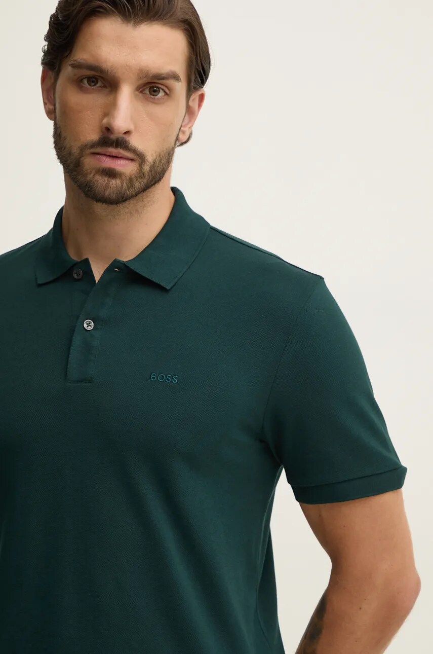 BOSS polo de bumbac culoarea verde, neted, 50468362