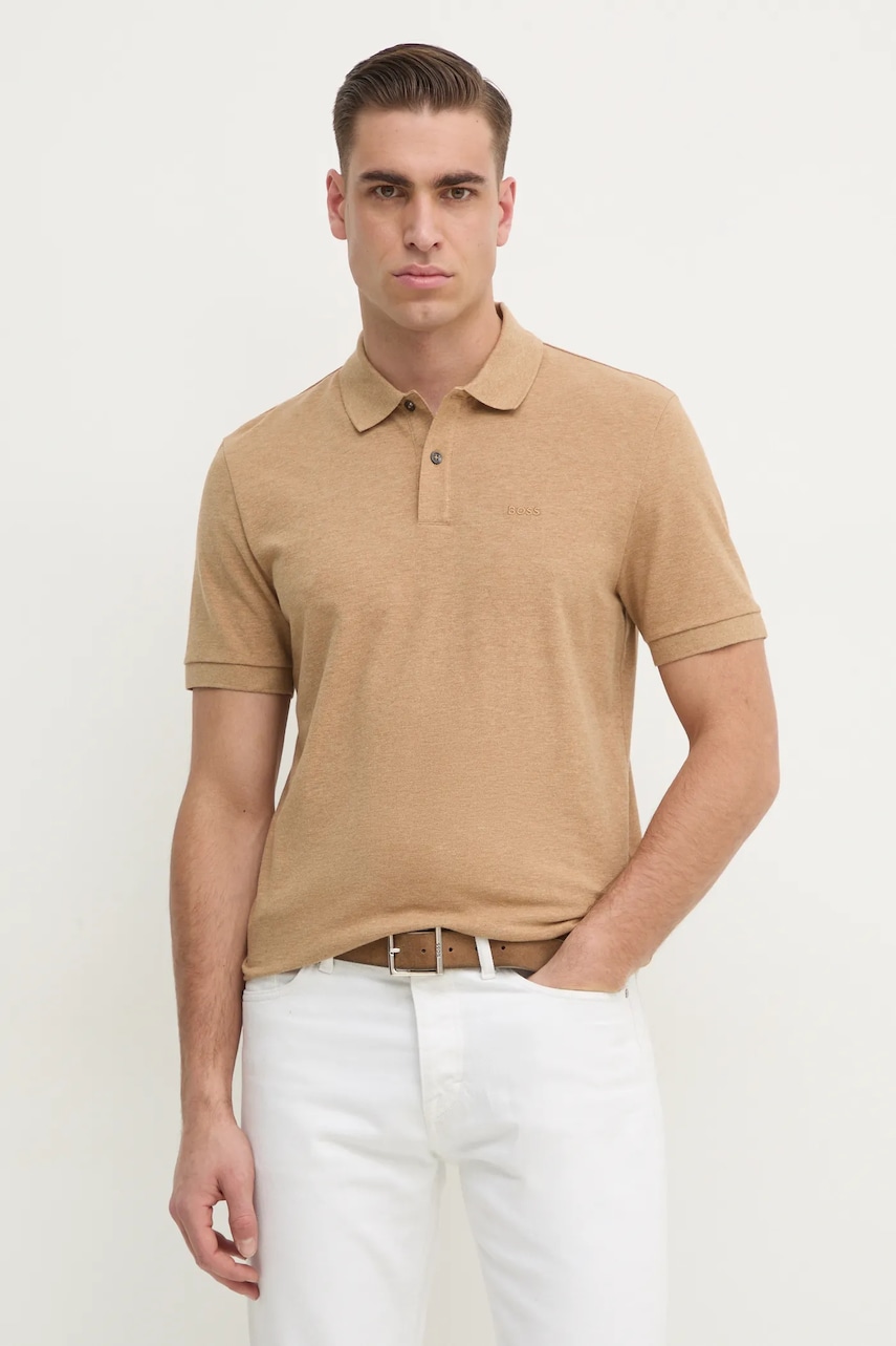 BOSS polo de bumbac culoarea bej, neted, 50468362 BOSS polo de bumbac culoarea bej, neted, 50468362