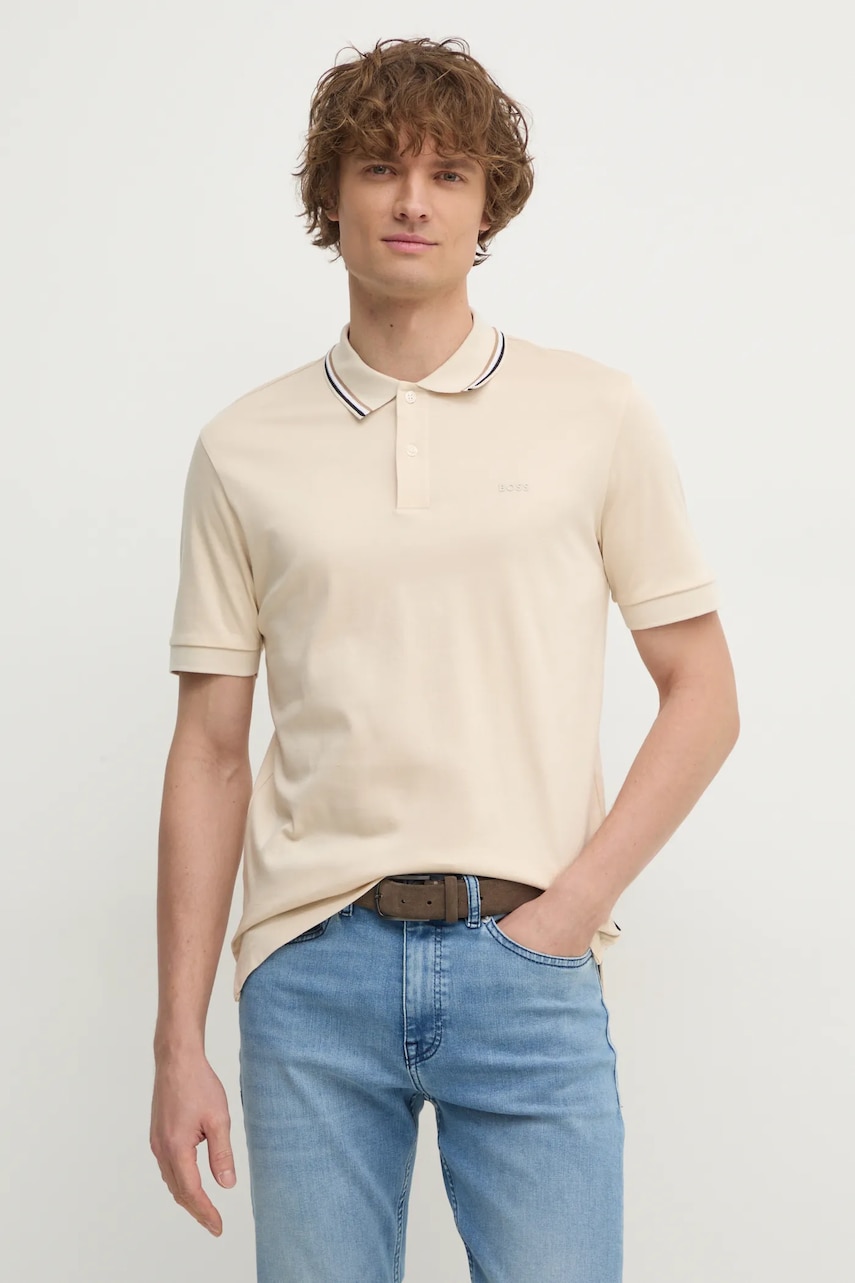 BOSS polo de bumbac culoarea bej, neted, 50469360 BOSS polo de bumbac culoarea bej, neted, 50469360