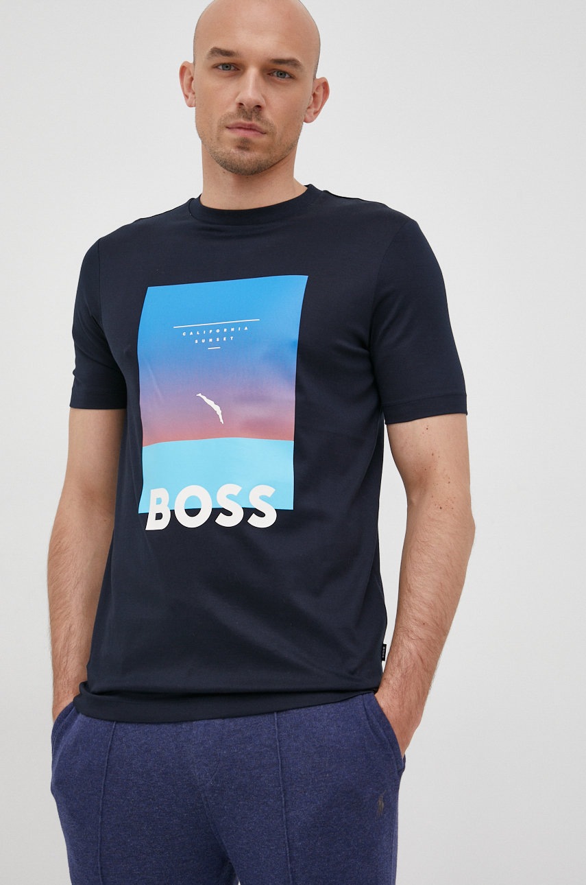 

Памучна тениска Boss в тъмносиньо с принт, Тъмносин