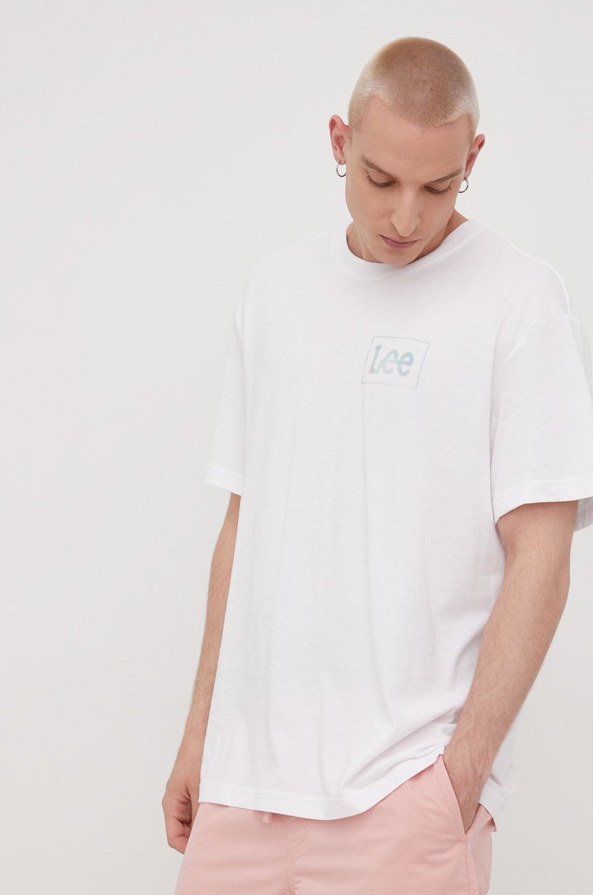 Lee tricou din bumbac culoarea alb, cu imprimeu Alb imagine noua