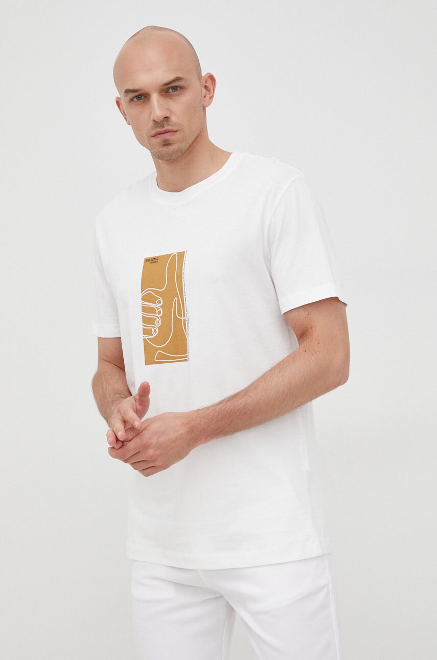 Selected homme tricou din bumbac culoarea alb, cu imprimeu
