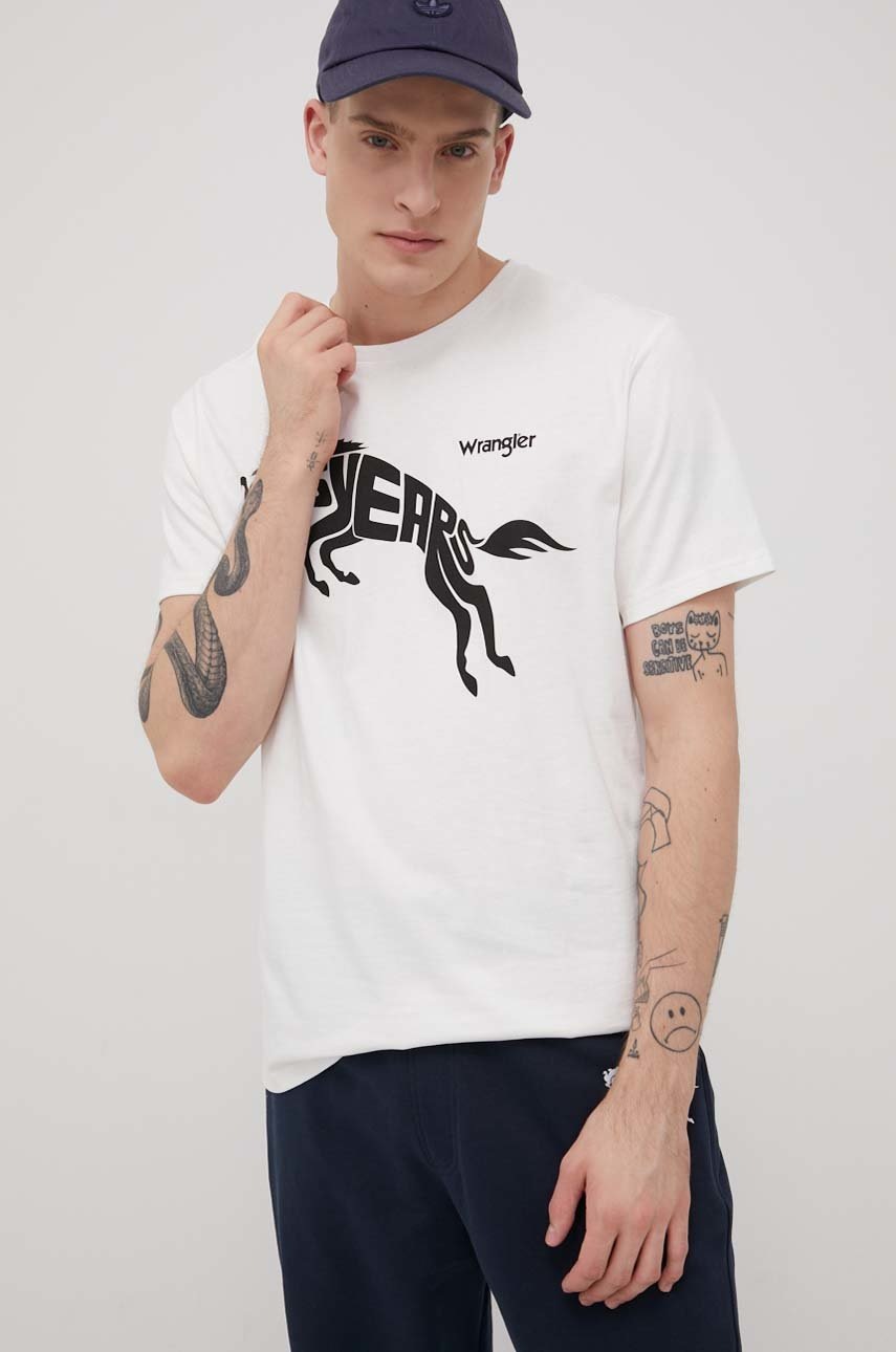 

Памучна тениска Wrangler в бяло с принт, Бял