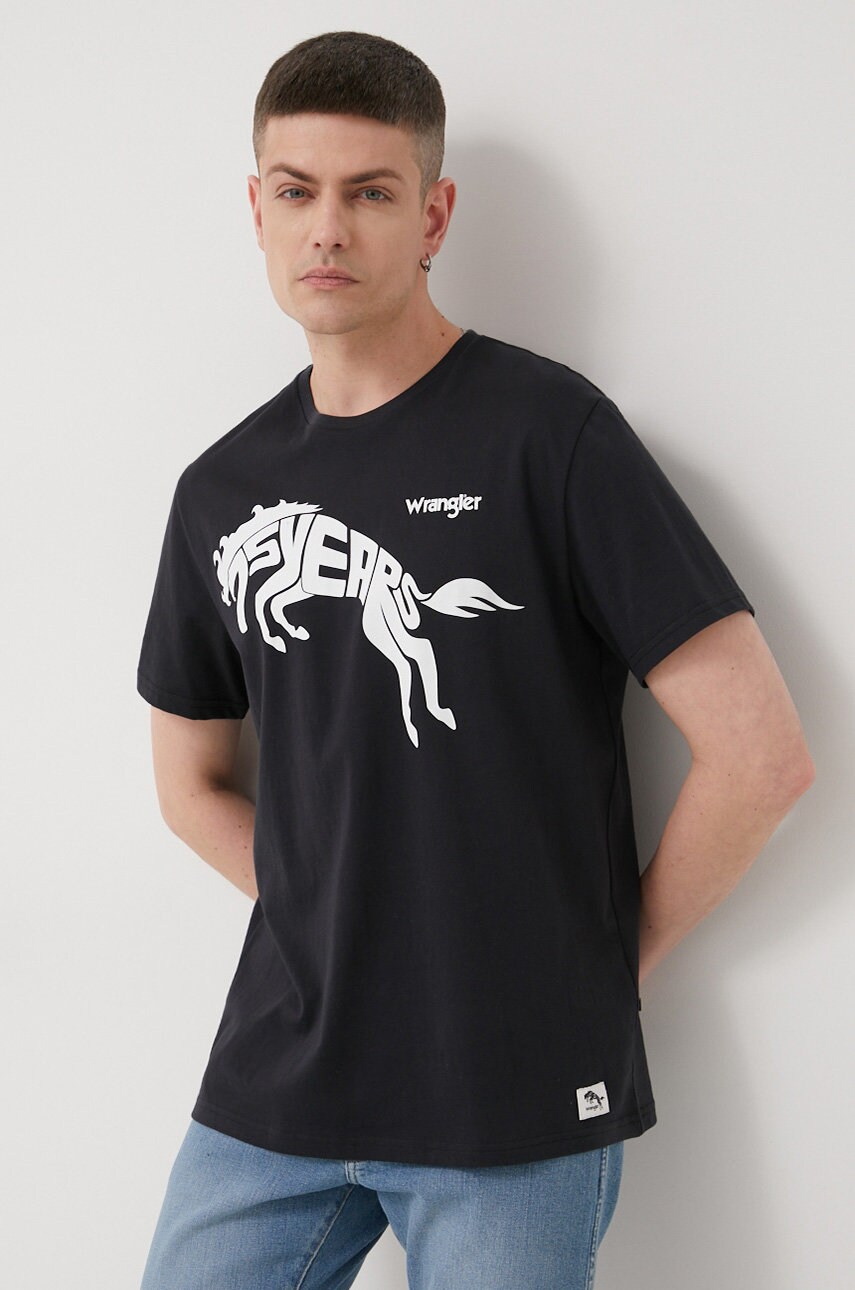 

Памучна тениска Wrangler в черно с принт, Черен