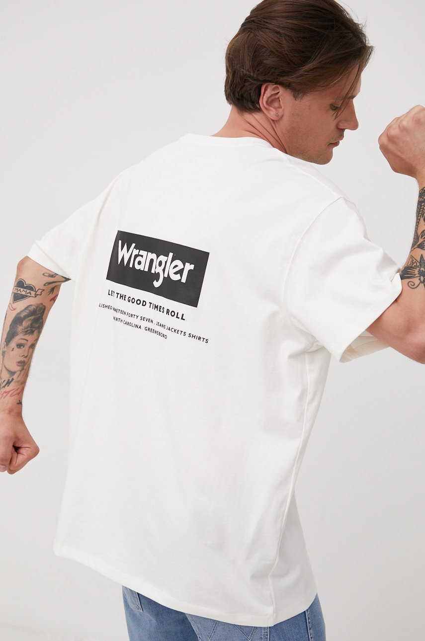 

Памучна тениска Wrangler в бяло с принт, Бял