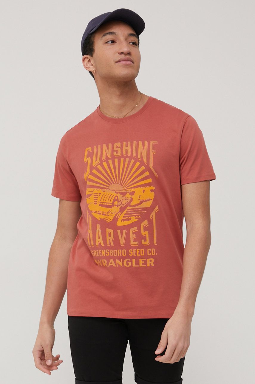 Wrangler t-shirt bawełniany kolor pomarańczowy z nadrukiem