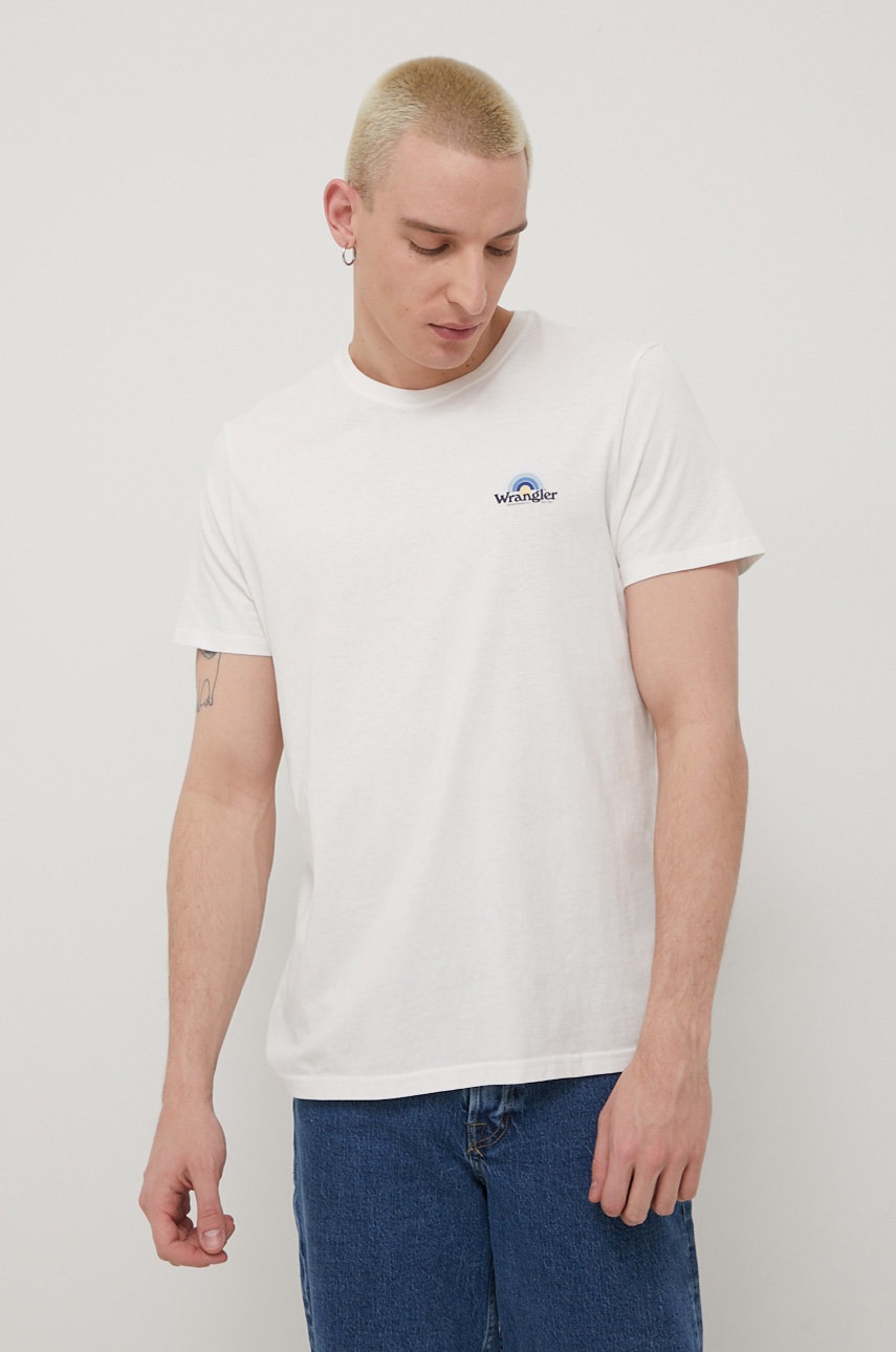 

Памучна тениска Wrangler в бяло с принт, Бял