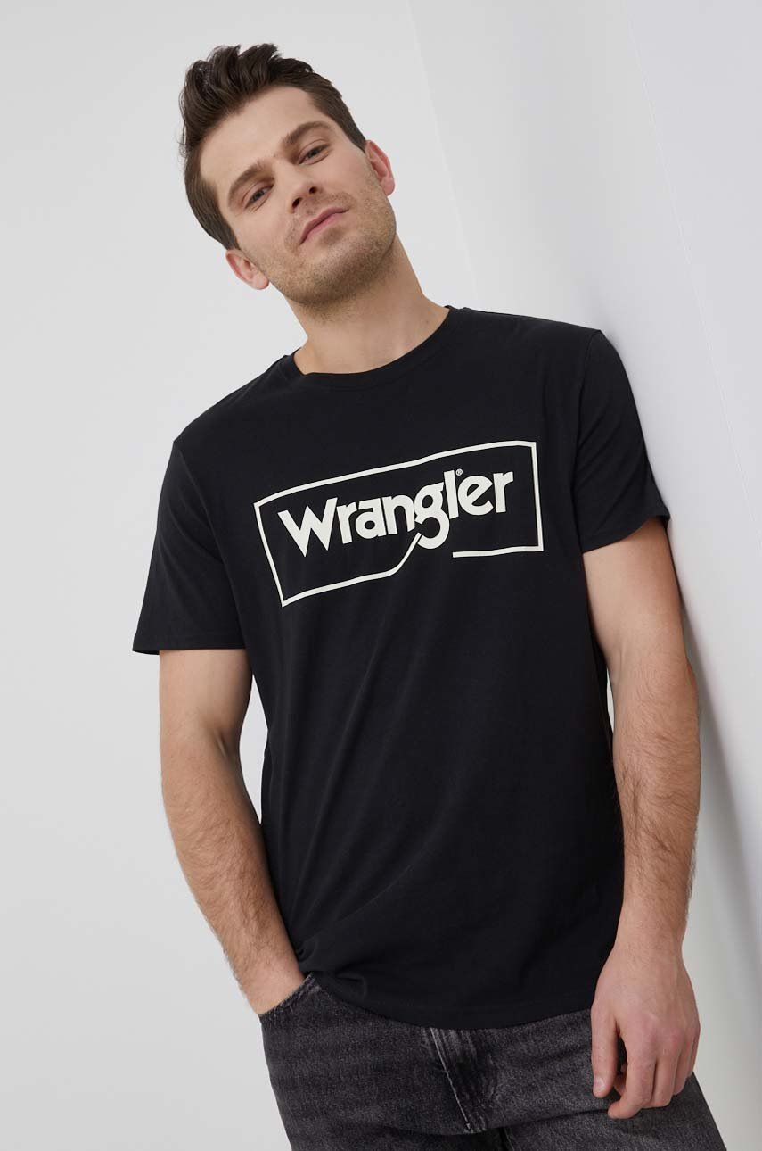 

Памучна тениска Wrangler в черно с принт, Черен