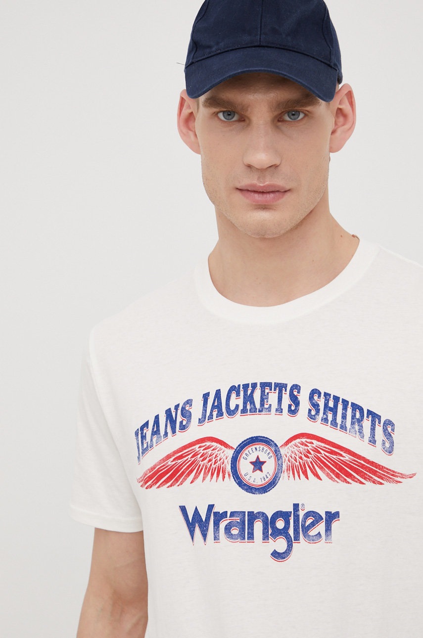 Wrangler t-shirt bawełniany kolor beżowy z nadrukiem