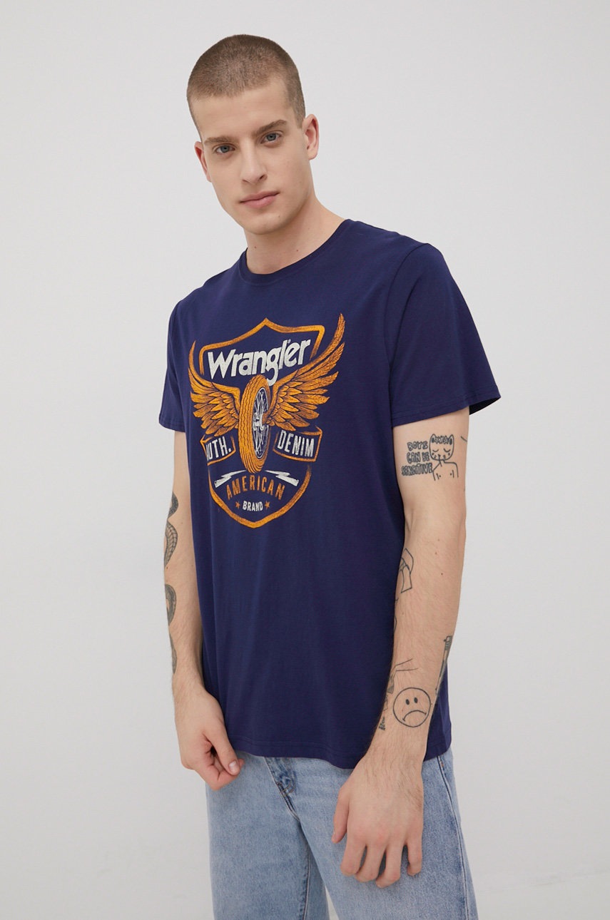 

Памучна тениска Wrangler в тъмносиньо с принт, Тъмносин