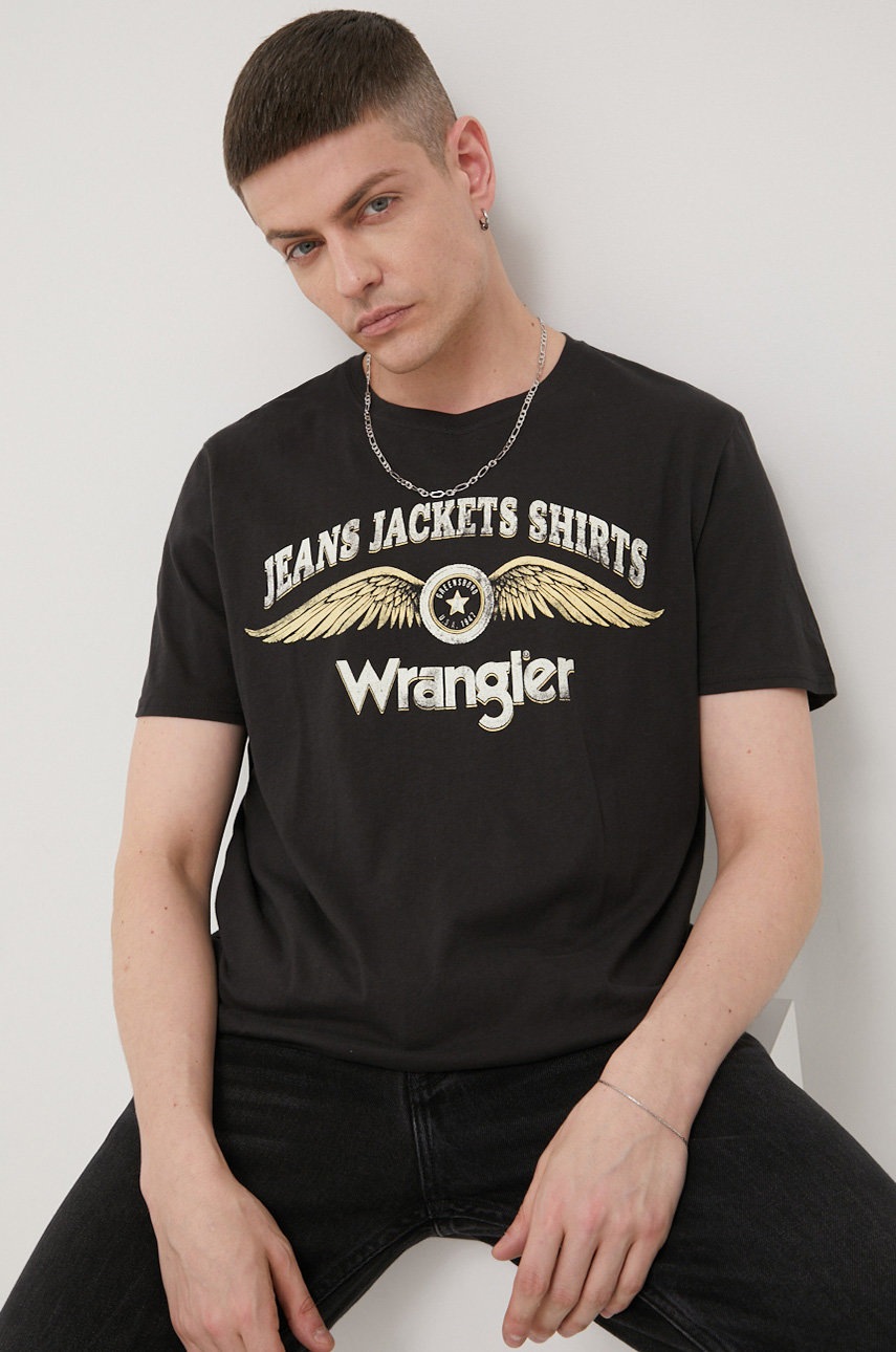 Wrangler t-shirt bawełniany kolor czarny z nadrukiem