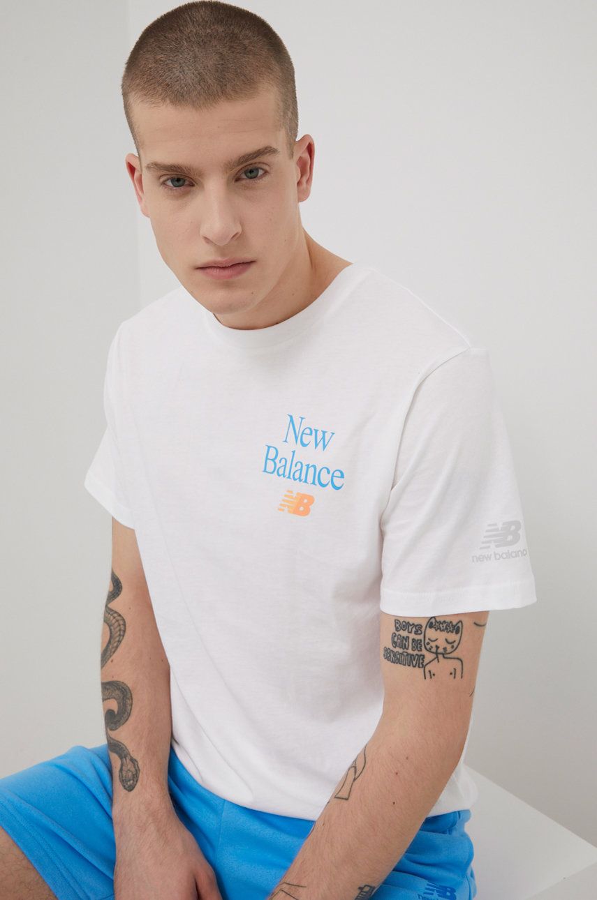 New Balance tricou din bumbac MT21515WT culoarea alb, cu imprimeu
