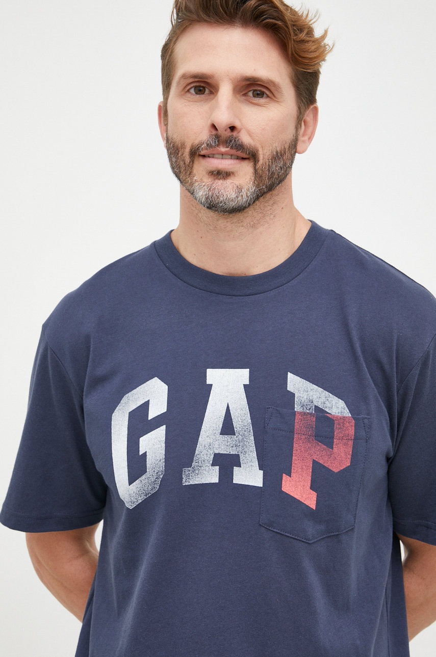 

Памучна тениска GAP в тъмносиньо с принт, Тъмносин