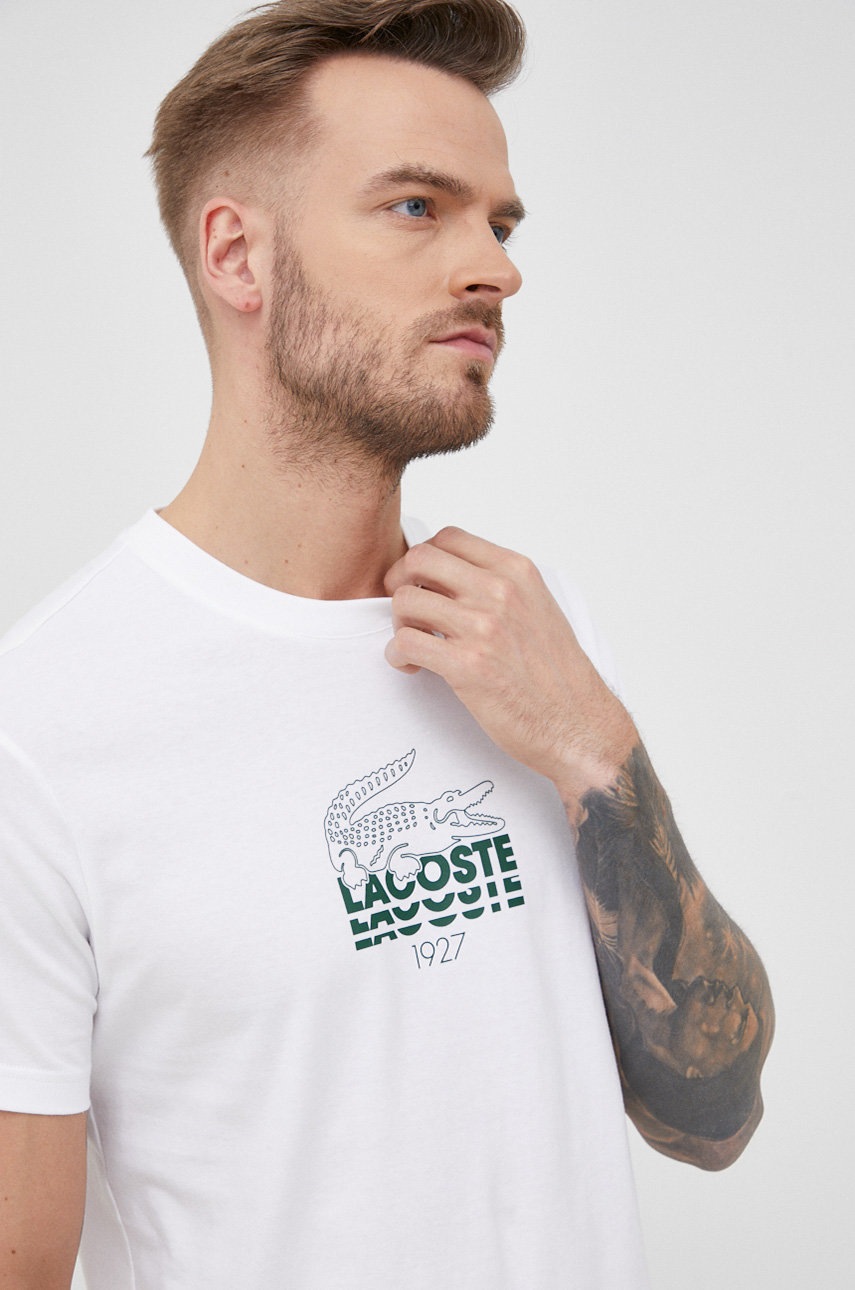 

Памучна тениска Lacoste в бяло с принт, Бял